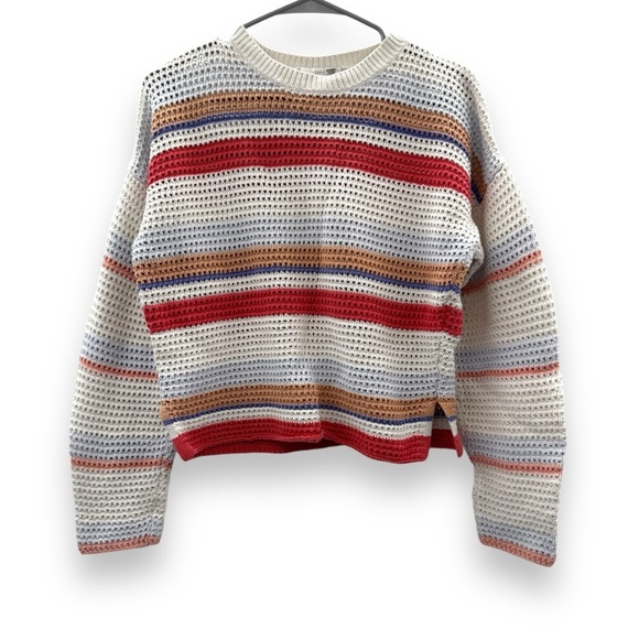 RTR Joie Diza White Multicolor Striped Open Knit Long Sleeve Cropped Sweater L - Picture 3 of 8